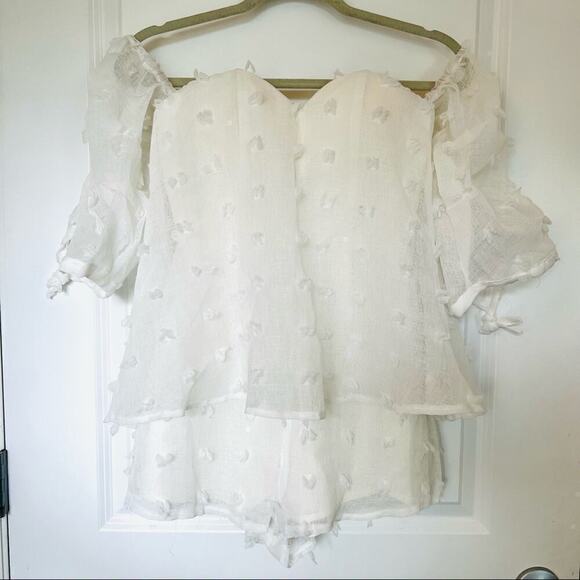 Princess Polly Off Shoulder Pom Pom Gauze Romper - Picture 1 of 8